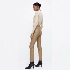 ZARA Leggings Women Medium Faux Leather High Rise Slit Hems Tan